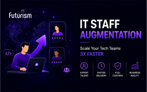 Modern IT staff augmentation banner showing technology recruitment, remote talent hiring, scalable tech teams, expert developers, and enterprise workforce expansion with futuristic digital illustrations.